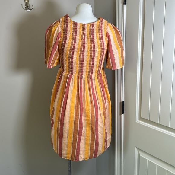 Sezane Magda Mini Dress Cotton Orange Pinstripe Smocked Metallic Sz 36 US S - Picture 11 of 16